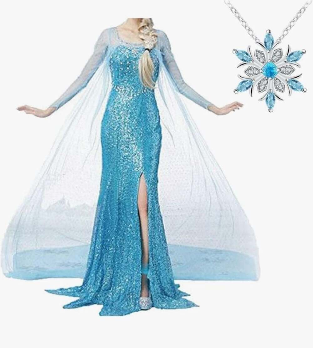 Snow Queen Princess Elsa Cosplay Costume with Snowflake Necklace